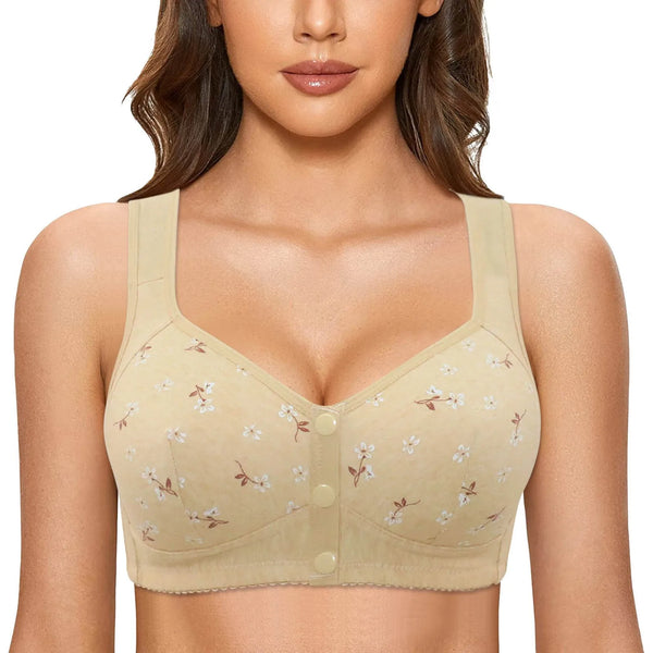 Daisy Print Womens Bra Front Button No-Underwire Bras Comfortable Push Up Bra